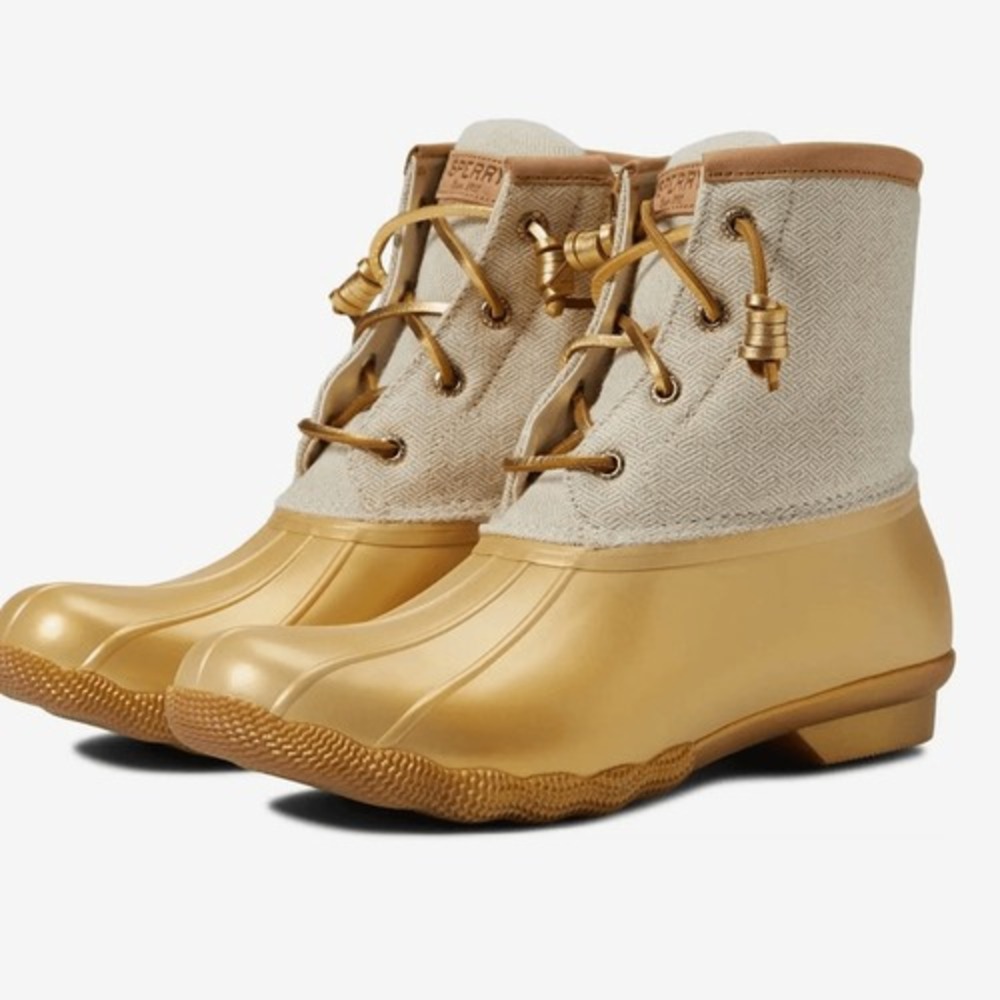 Sperry Saltwater Duck Boots Metallic Gold Oatmeal Waterproof Rain Boots Womens 8